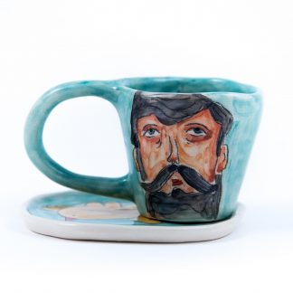 bearded man portrait handpainted on pottery espresso cup