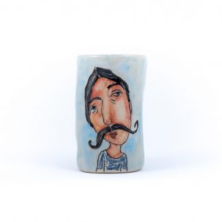 mustache man blue handmade pottery wine glass